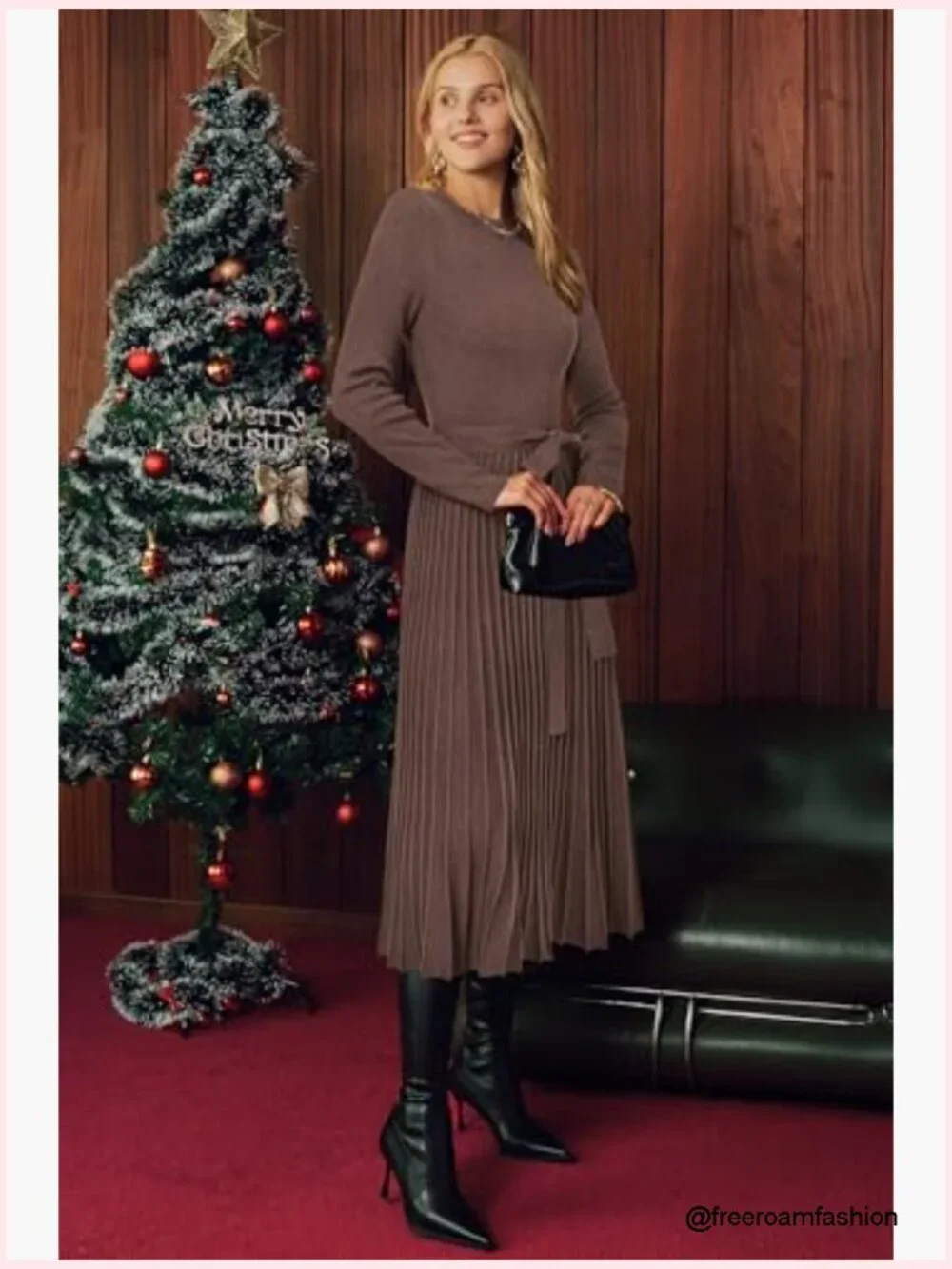 Wool Blend Mock Neck Tie Waist Pleated Sweater Dress - Picture 4 of 7